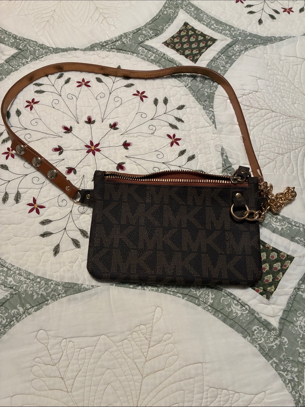 Michael Kors Brown MK Logo Crossbody with Tan Strap and Gold Accents